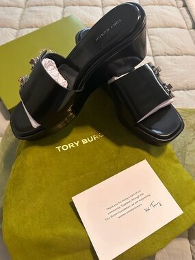Tory Burch Black Patent Platform Mule Slides